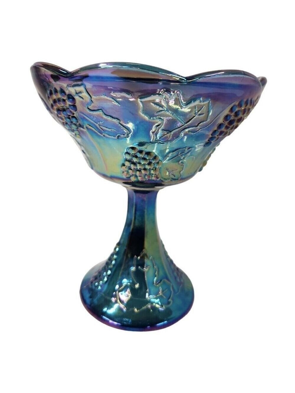 Indiana Carnival Glass Compote Bowl Blue Grape Leaf Vintage - Picture 2 of 6